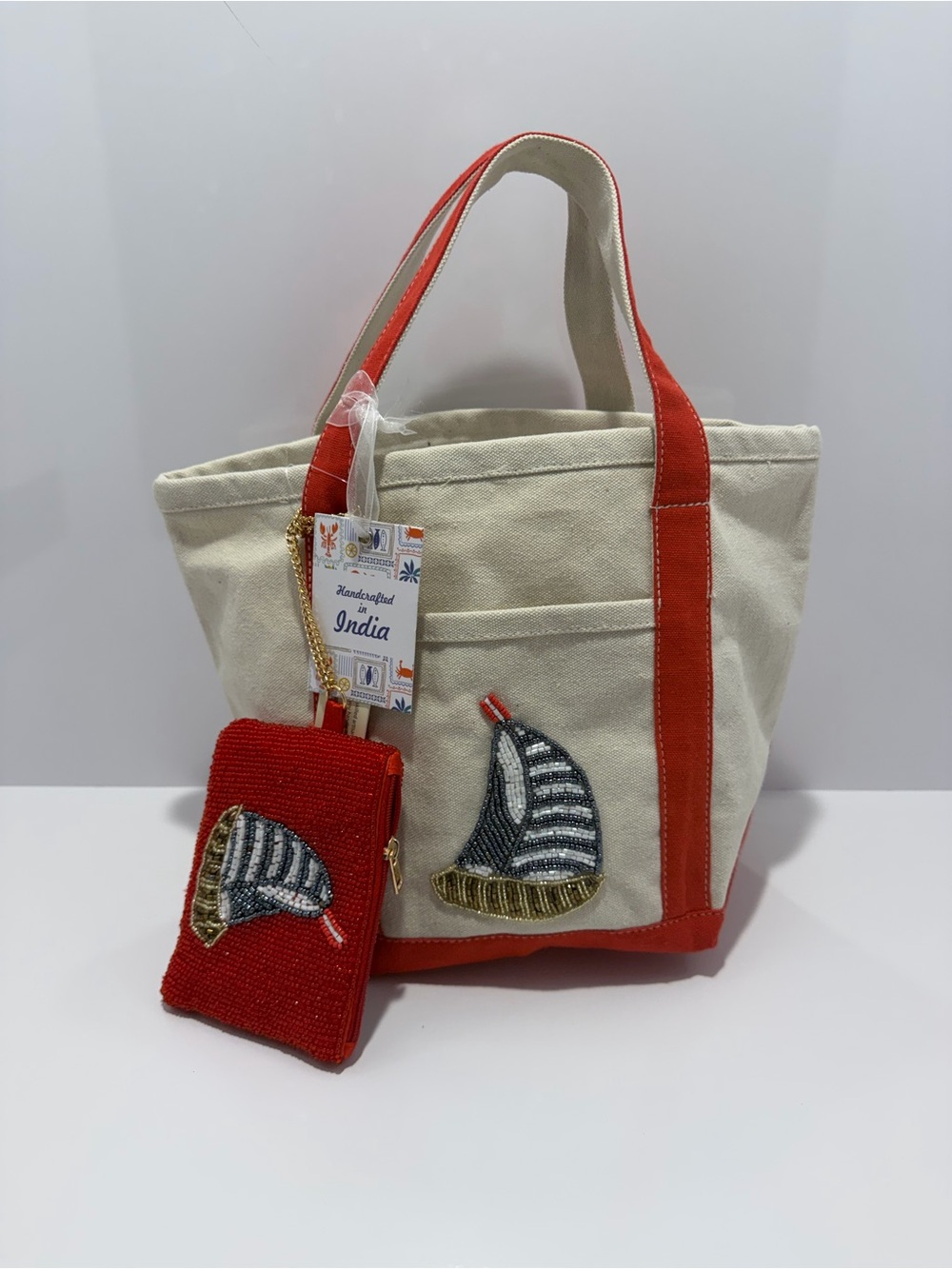 Viral Handcrafted in India Canvas Beaded Tote Bag with Small Beaded Wallet/Pouch